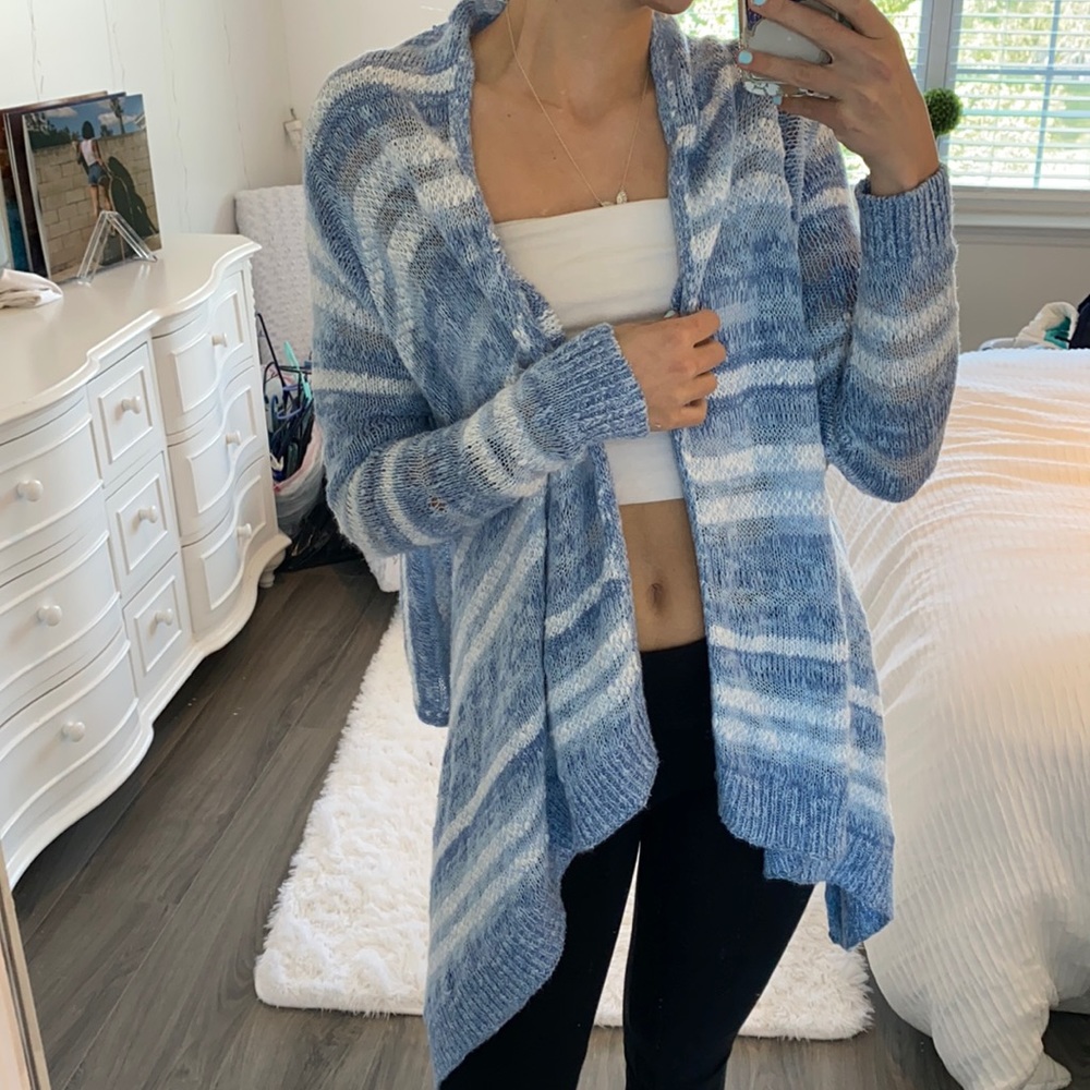 White and blue knit sweater cardigan